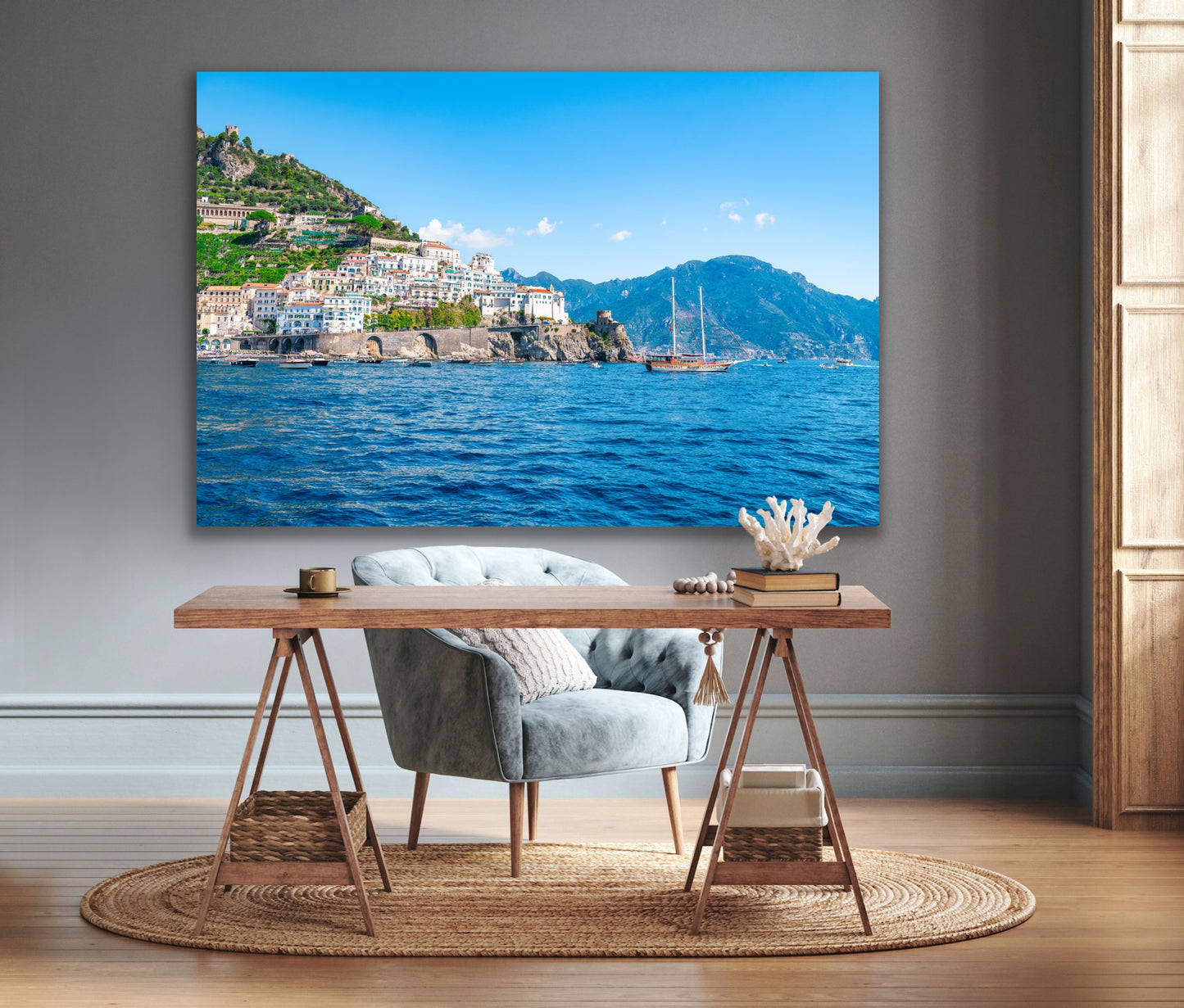 Amalfi coast cliffside houses and yacht Italy