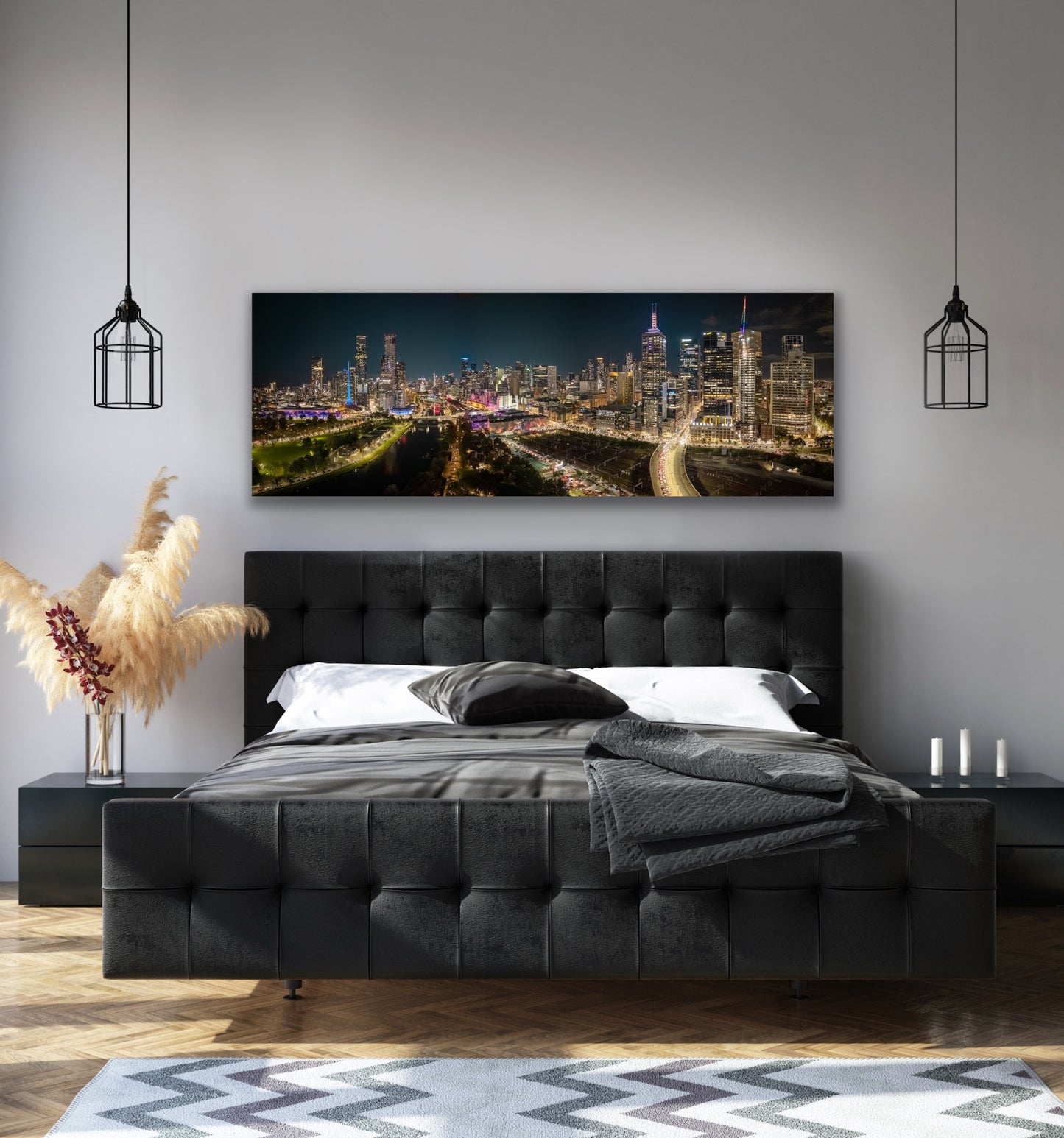 Melbourne city night lights panorama