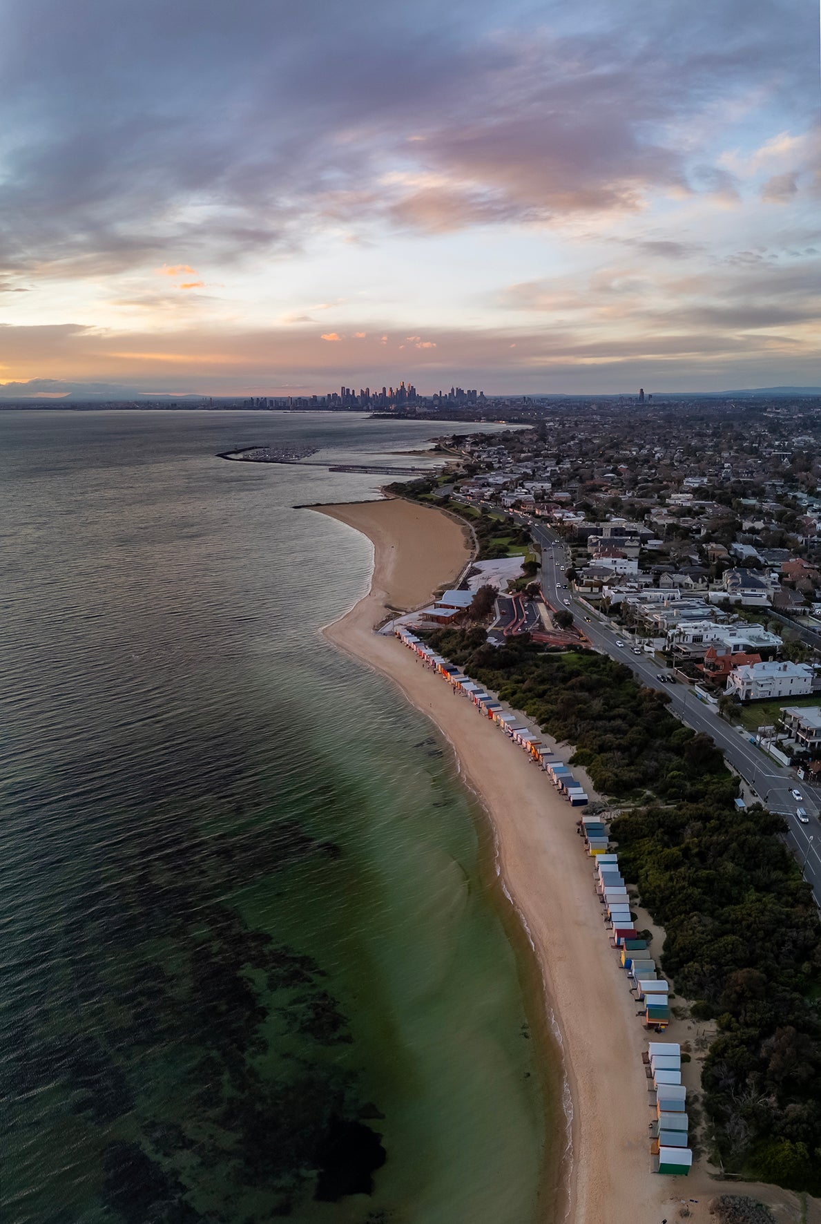 Brighton beach boxes sunset portrait