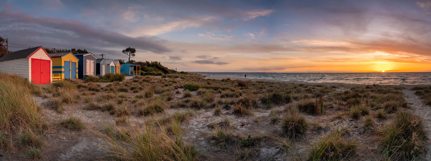 Carrum beach boxes sunset panorama