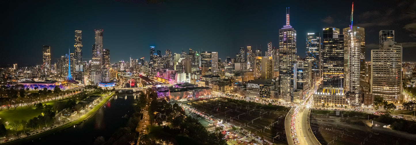 Melbourne city night lights panorama