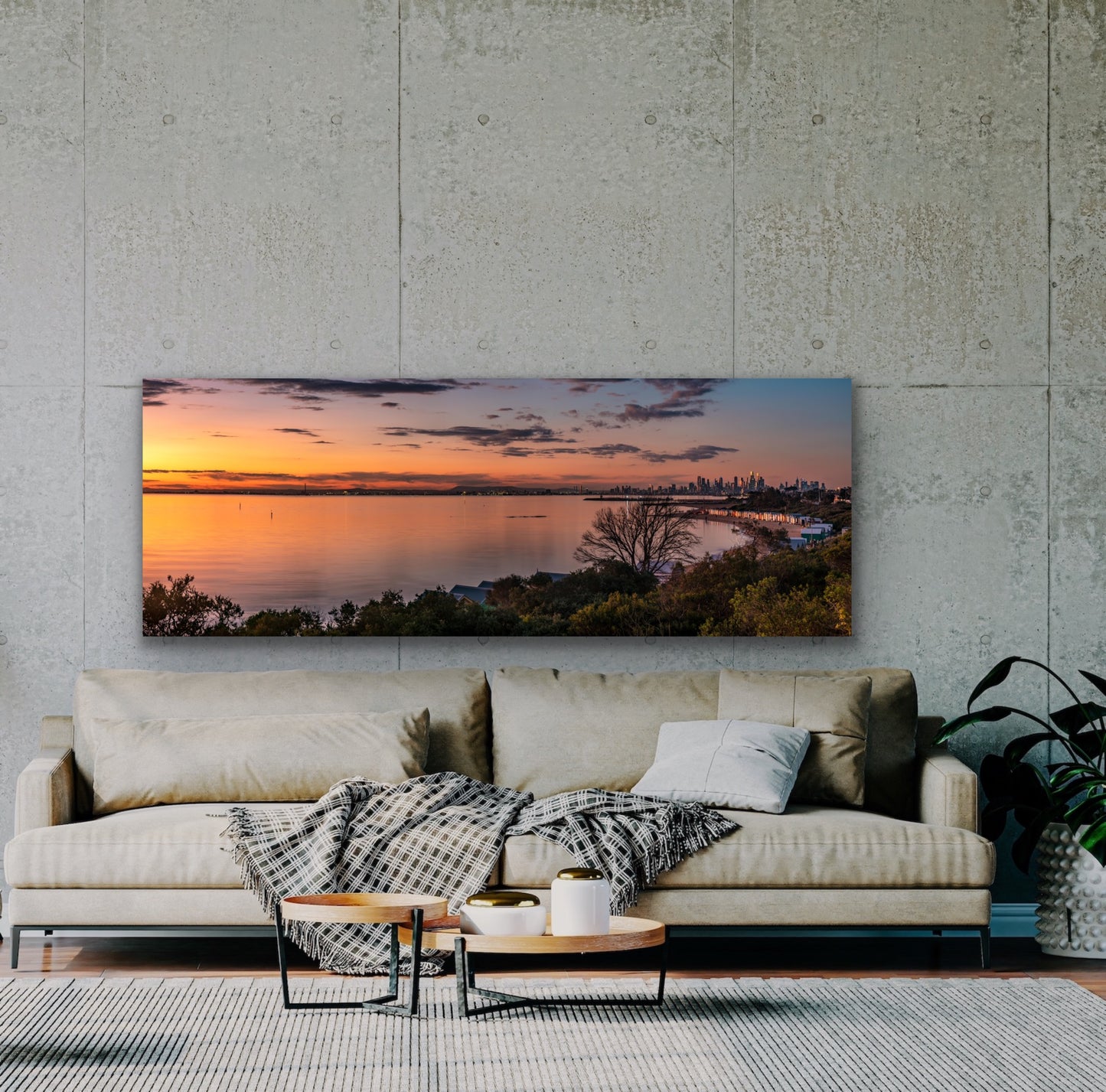 Brighton beach boxes with city back drop sunset panorama