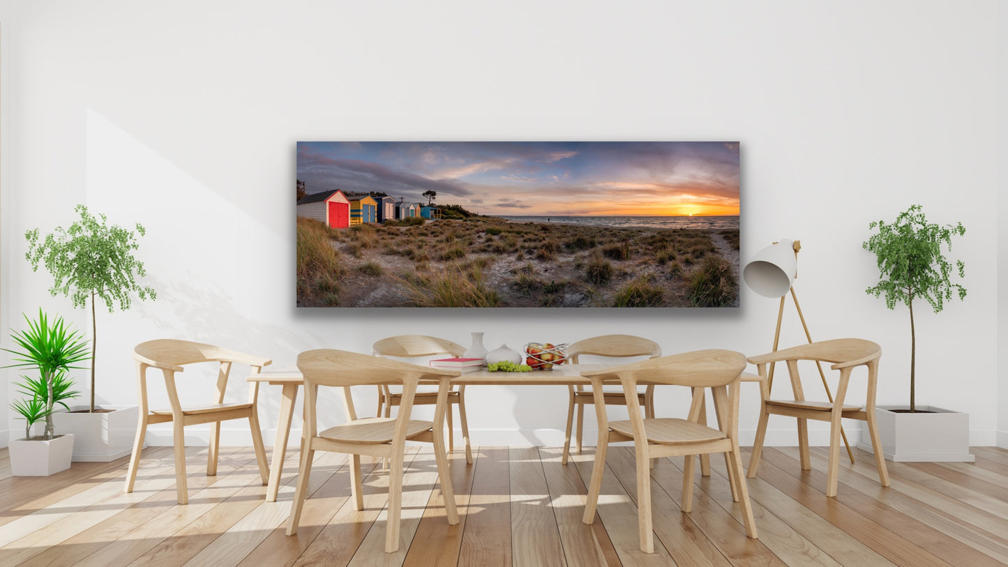 Carrum beach boxes sunset panorama