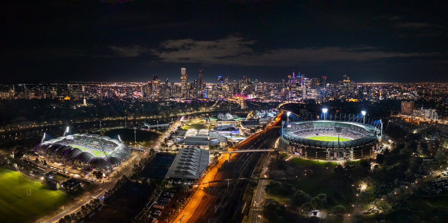 Melbourne city night MCG and Melbourne Park
