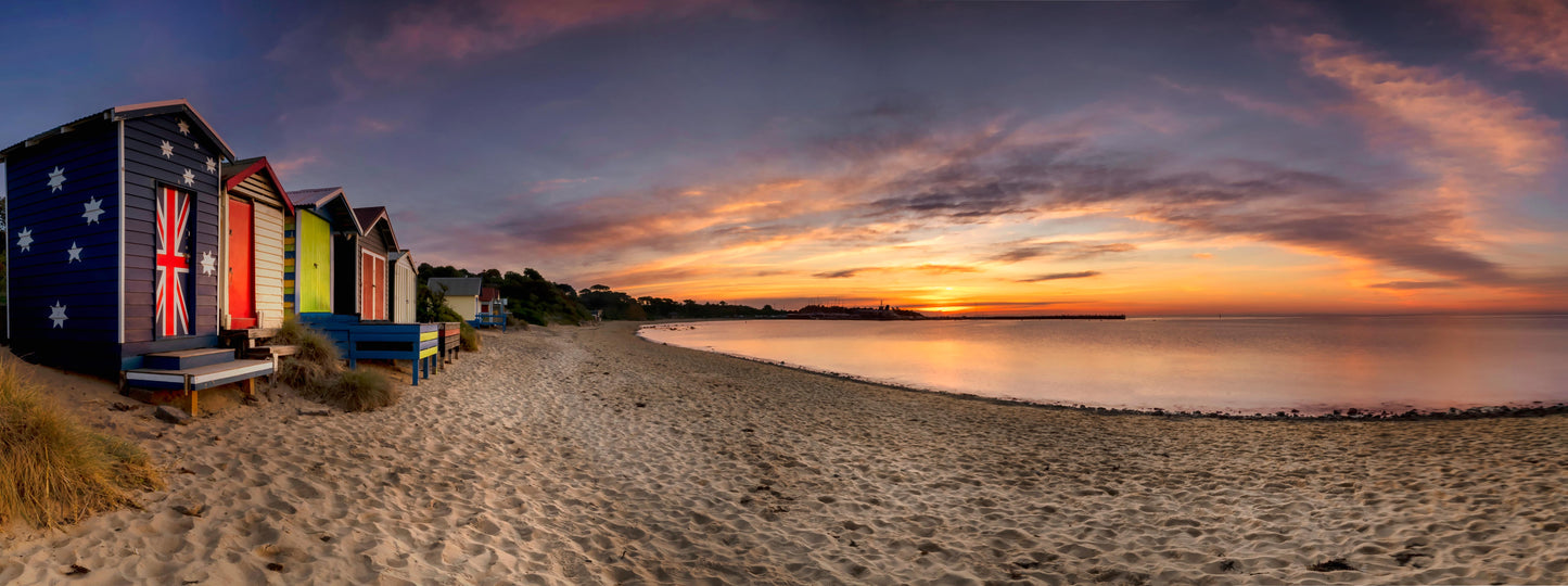 Mornington beach boxes sunset panorama