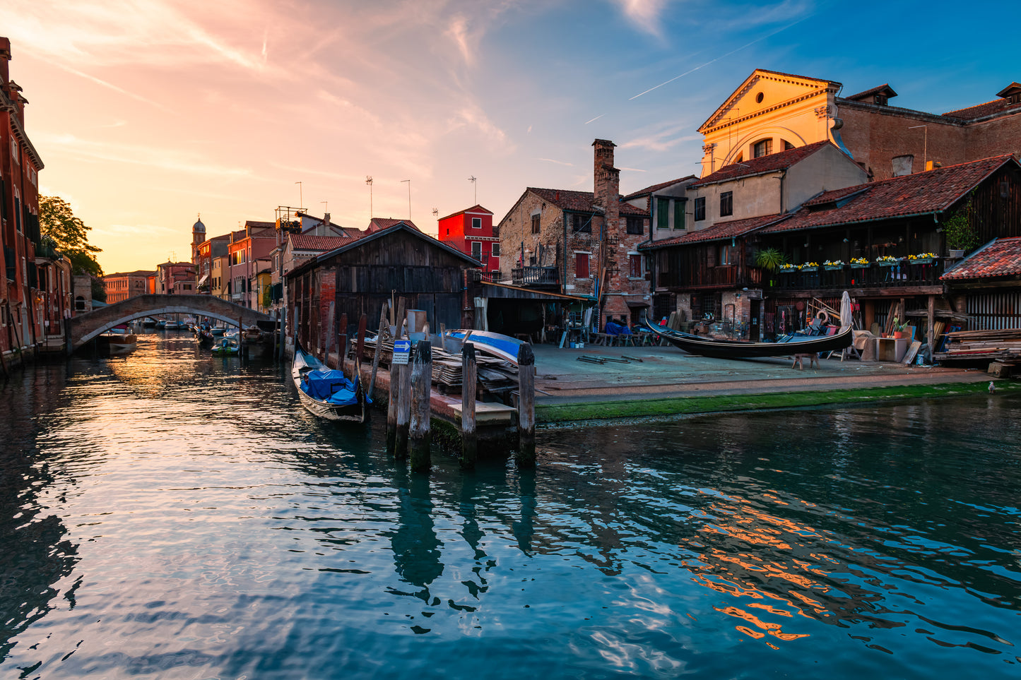 Venice gondola yard sunset Italy