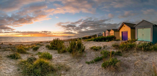 Bonbeach sunset beach boxes panorama