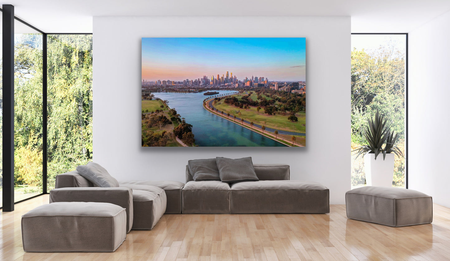 Albert Park lake with Melbourne City Skyline